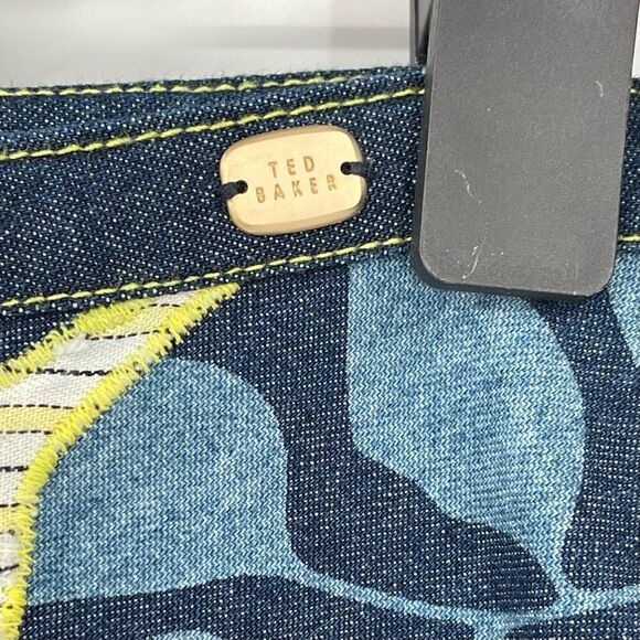 Ted Baker Denim A-Line Applique‎ Midi Skirt Cotton Floral Blue Yellow Women 2 - Picture 4 of 7